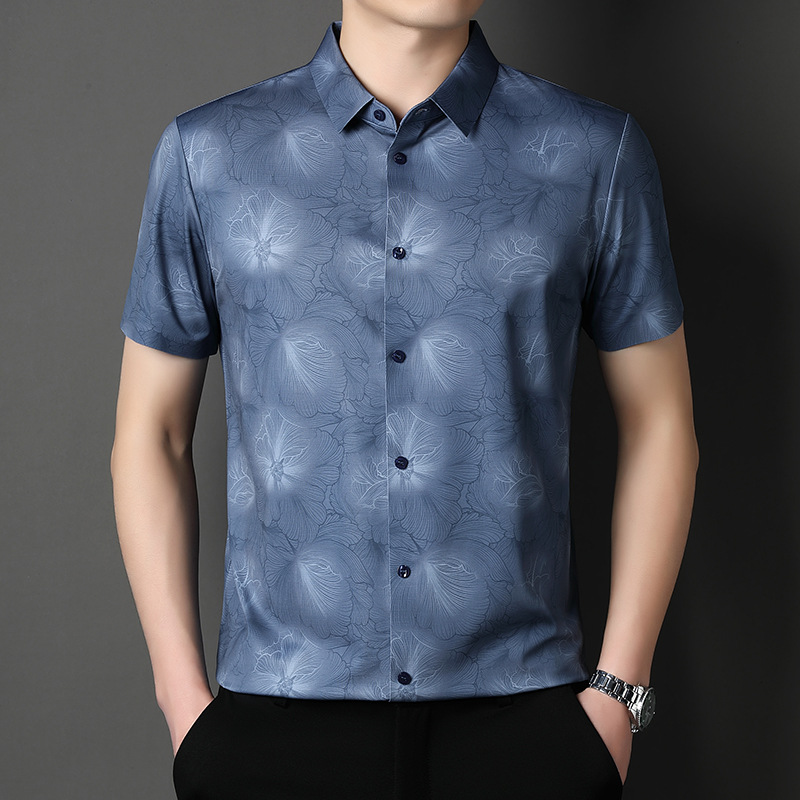 Cross-Border Foreign Trade High-End Digital Printed Men's Short-Sleeved Summer Shirts for Middle-Aged Casual Business Men with a High-End Feel