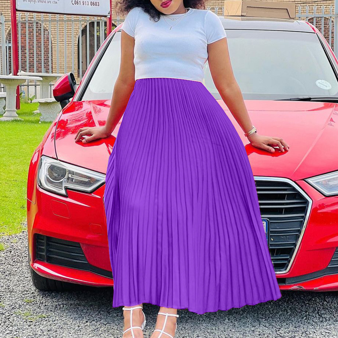 D3175 Foreign Trade Large Size Women's 2022 Autumn New Solid Color High Waist Large Skirt Long Skirt Large Size European and American Pleated Skirt