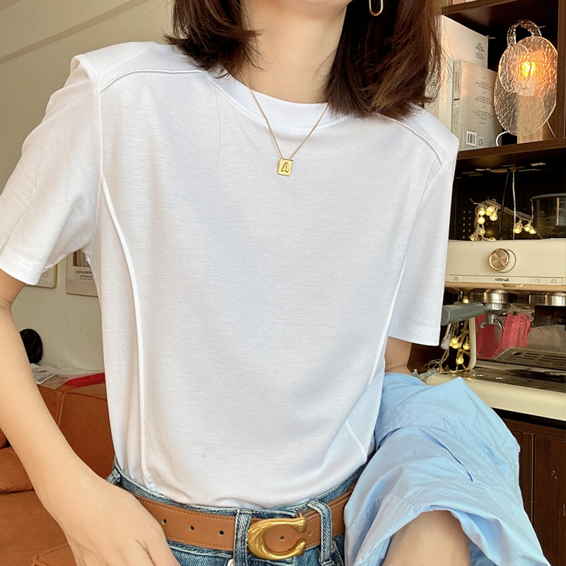 Short-Sleeved Classy Fabric Ice Silk Comfortable, Soft and Skin-Friendly Bottoming Shirt for Women, Summer Shoulder Pads, Silky Draped T-Shirt for Women