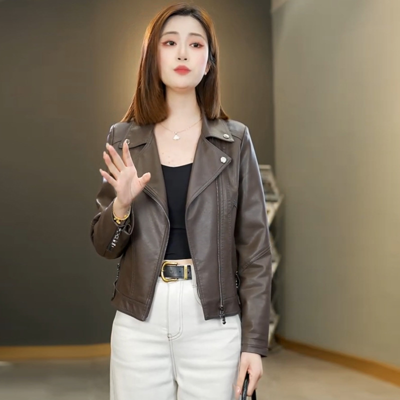 523 # Haining Leather Jacket for Women 2026 Spring and Autumn High-Quality Casual Motorcycle Soft Leather Coat with Suit Collar Leather Jacket Top