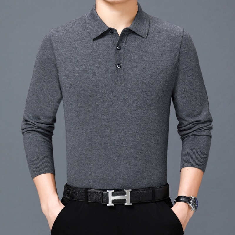 Manufacturer's 2023 Spring New Light Business Men's T-Shirt Lapel Solid Color Casual Long Sleeve Thin Knitted Shirt