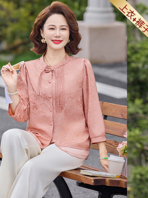 New Chinese-Style Summer Outfit for Mothers, High-End Short-Sleeve Shirt Set, Mother's Day Gift for Mother-In-Law, Three-Quarter Sleeve Silk Satin Shirt Set