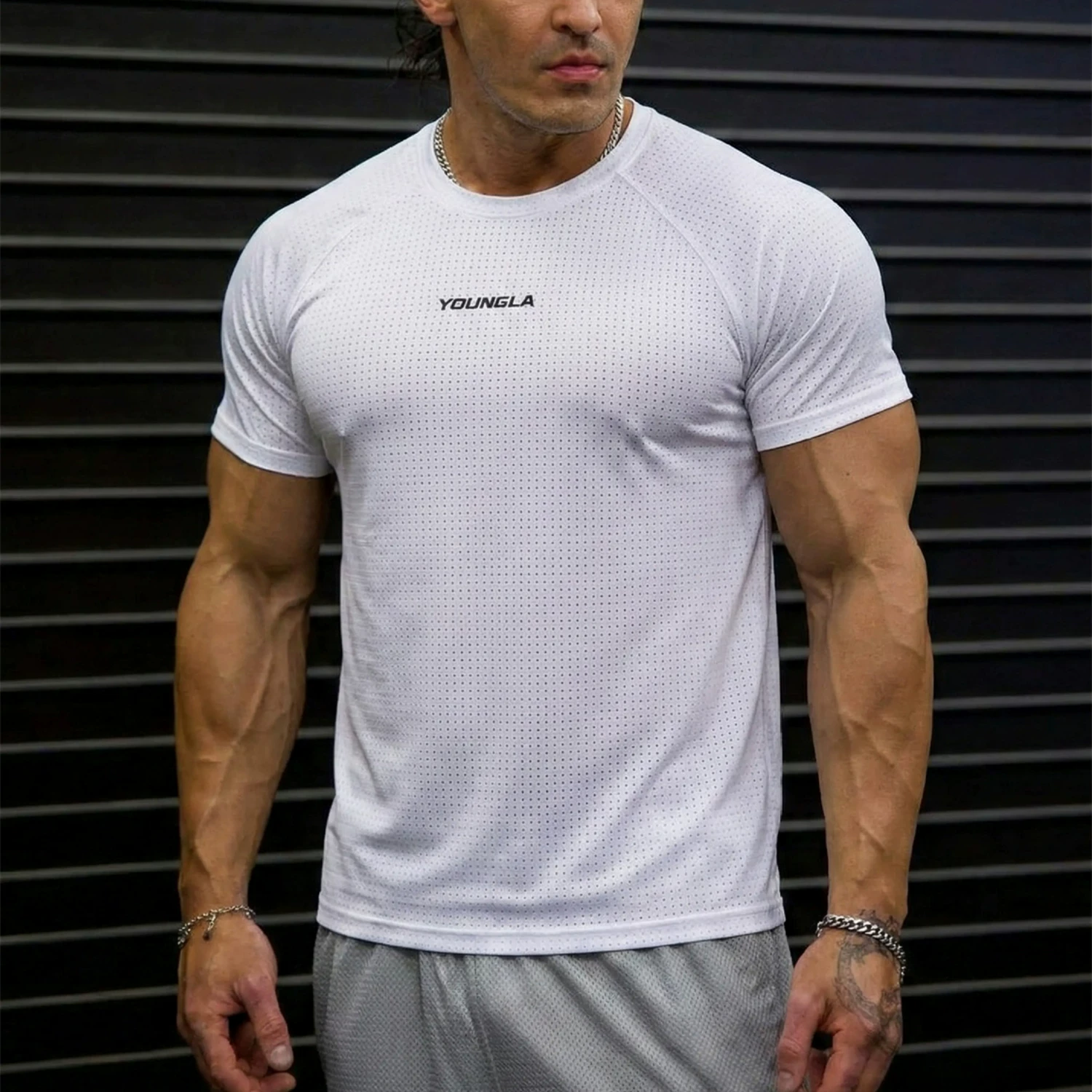 YOUNG LA Sports Short sleeved Men's T-shirt American Trendy Brand Quick drying Breathable Elastic Round Neck Running Fitness Muscle