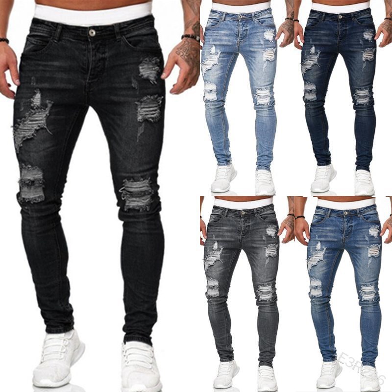 European and American Aliexpress New Denim Men's Pants Cross-Border Ripped Casual Versatile Trendy Fashion Slim Jeans for Small Feet