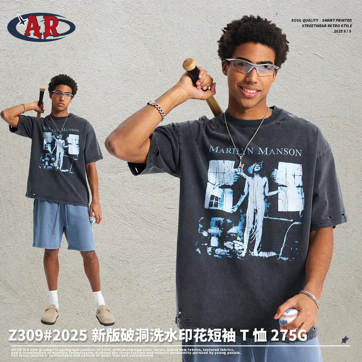 2025 Summer New Digital Direct Injection Printing Men's Short-sleeved T-shirt American Retro Destruction Trendy Brand Loose Men's T-shirt