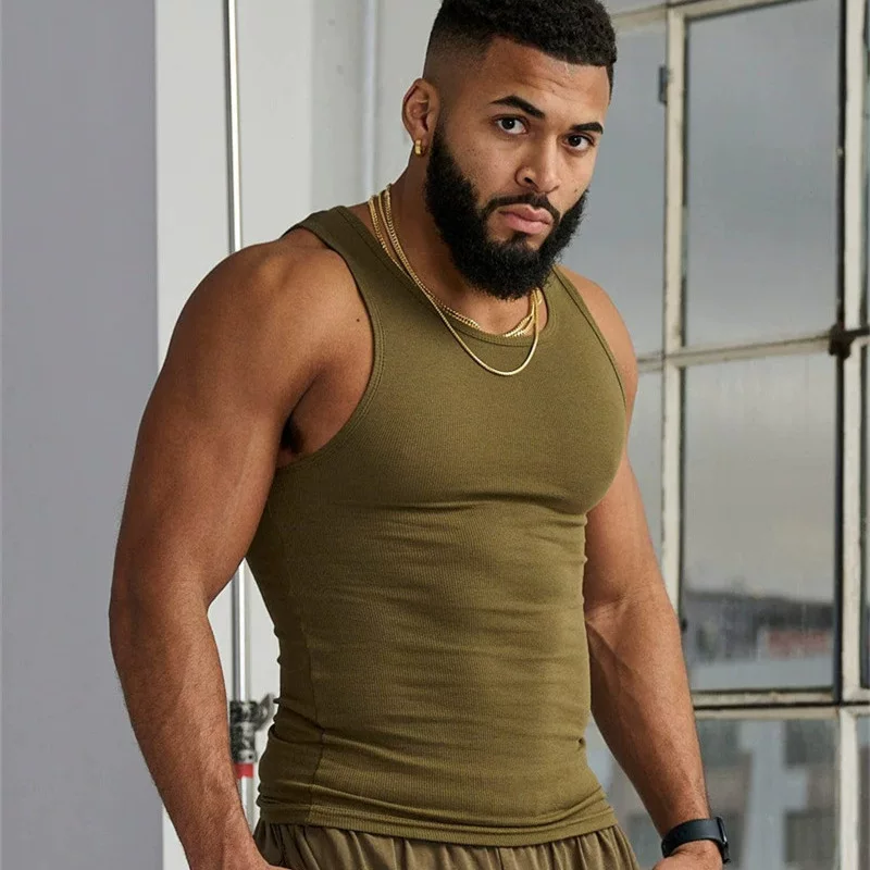 Summer solid color vest men's cool ribbed fitness and casual 𫔮 tight fitting men's I-shaped big muscle base shirt