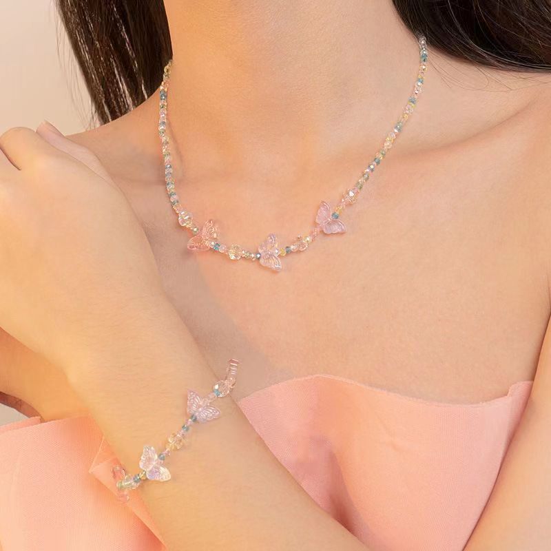 Japan and South Korea new small fresh sweet temperament color butterfly necklace female niche design sense beaded elastic bracelet