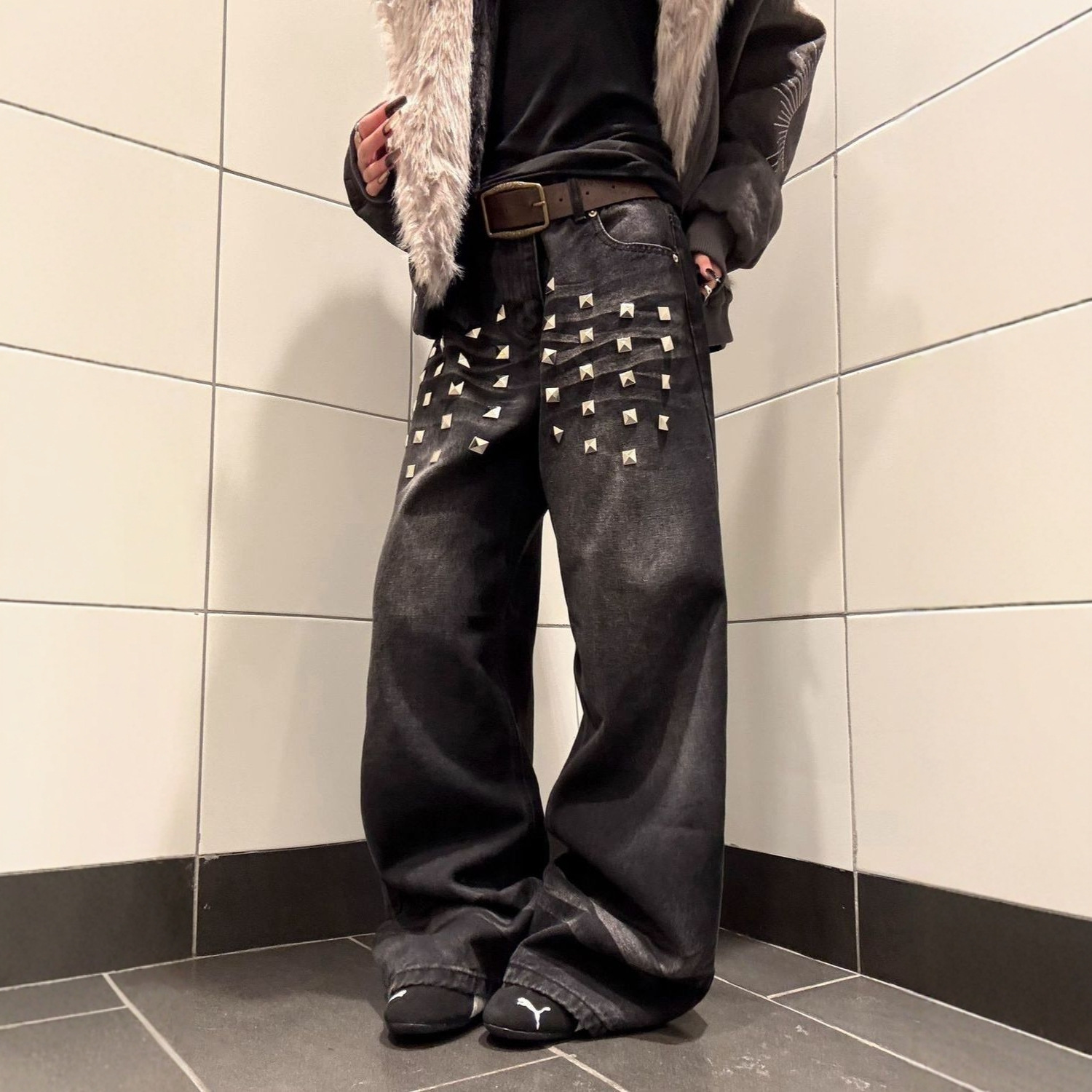 Ins American Retro Heavy Industry Square Rivet Jeans Women's Y2K Autum New Loose Trendyy Floor-Length Pants