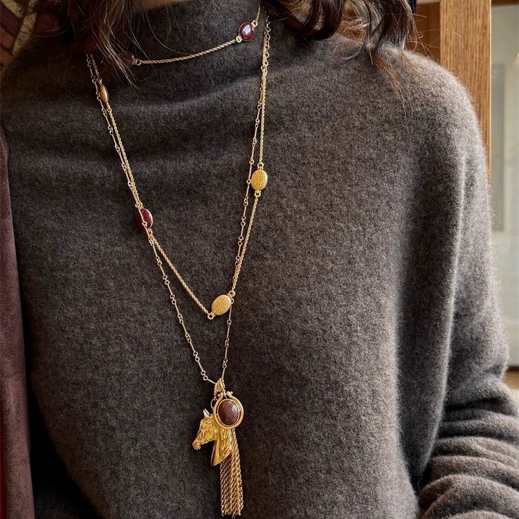 Year of the Horse Limited Edition Heavy-Duty Amulet Series: Small Horse Pendant with Stone Inlay and Detachable Tassel Long Necklace, Stylish New Year Gift