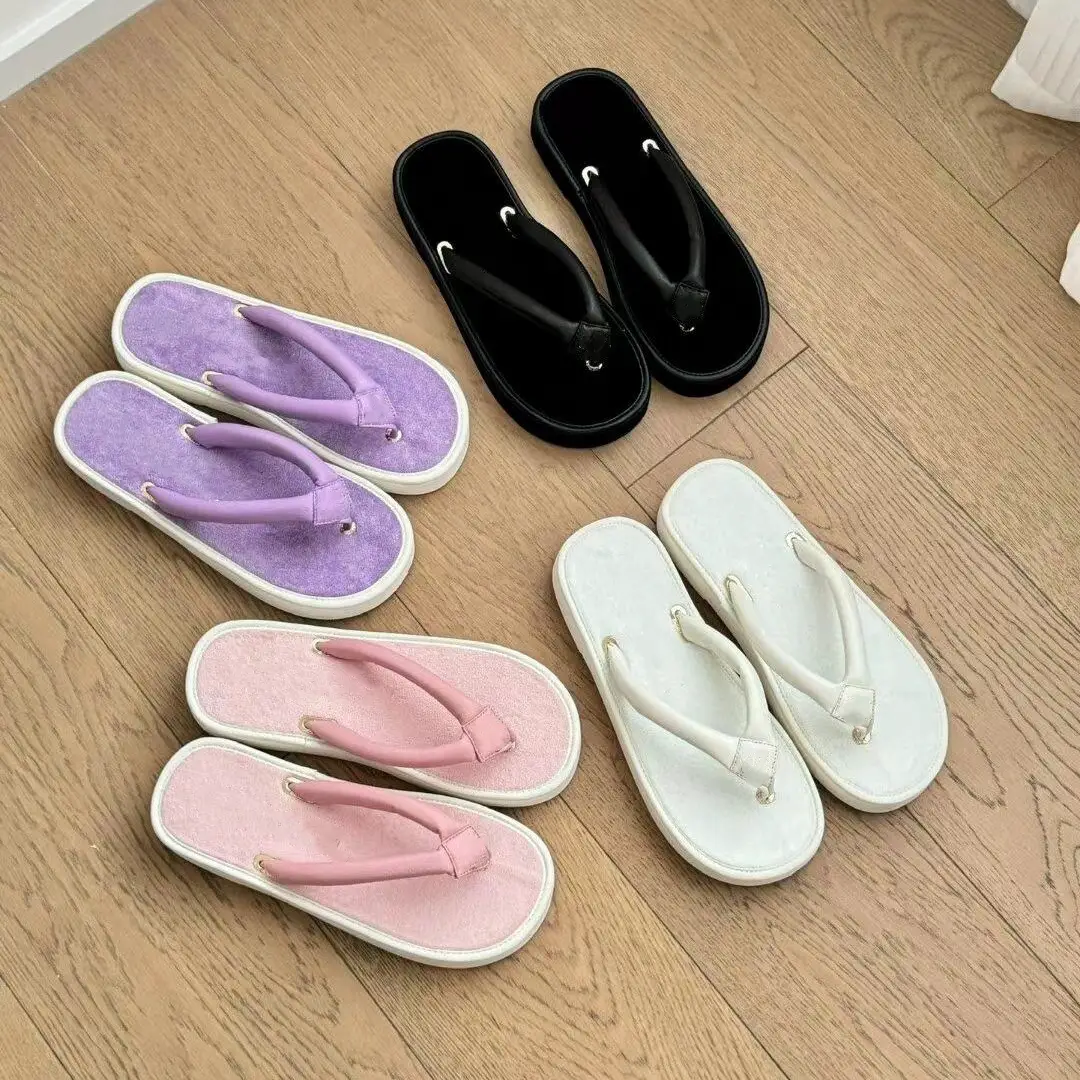 Dopamine ~ Tweed Style Goatskin Thick Sole Women's Flip-Flops Summer New arrival Genuine Leather Thong Loafers Outwear