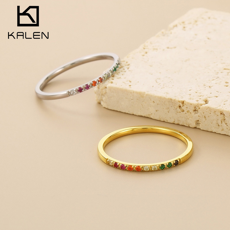 Fashion temperament in diamond-embedded fine ring fresh sweet rainbow color row Diamond titanium steel ring Female Factory wholesale