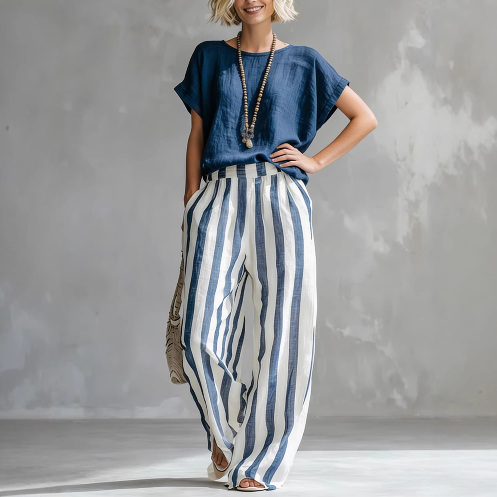 2026 Amazon Cross-Border Independent Site Foreign Trade European and American Round Neck Top Straight Striped Casual Pants Women's Suit