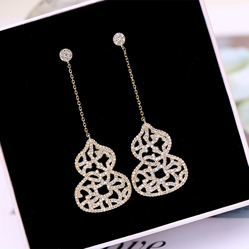 European and American Heavy-Duty Earrings with Niche Design, 925 Silver Needles, Fully Inlaid with Zircon, Gourd-Shaped Earrings, Light Luxury and High-End Feel