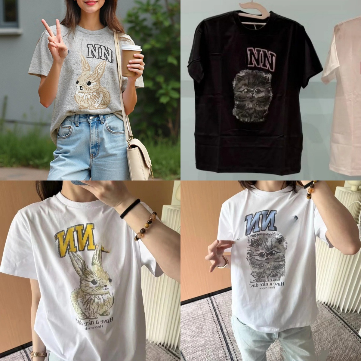 25 Spring and Summer New Niche Design Rabbit Cat Print Round Neck Loose Cotton Short-Sleeved T-Shirt Top