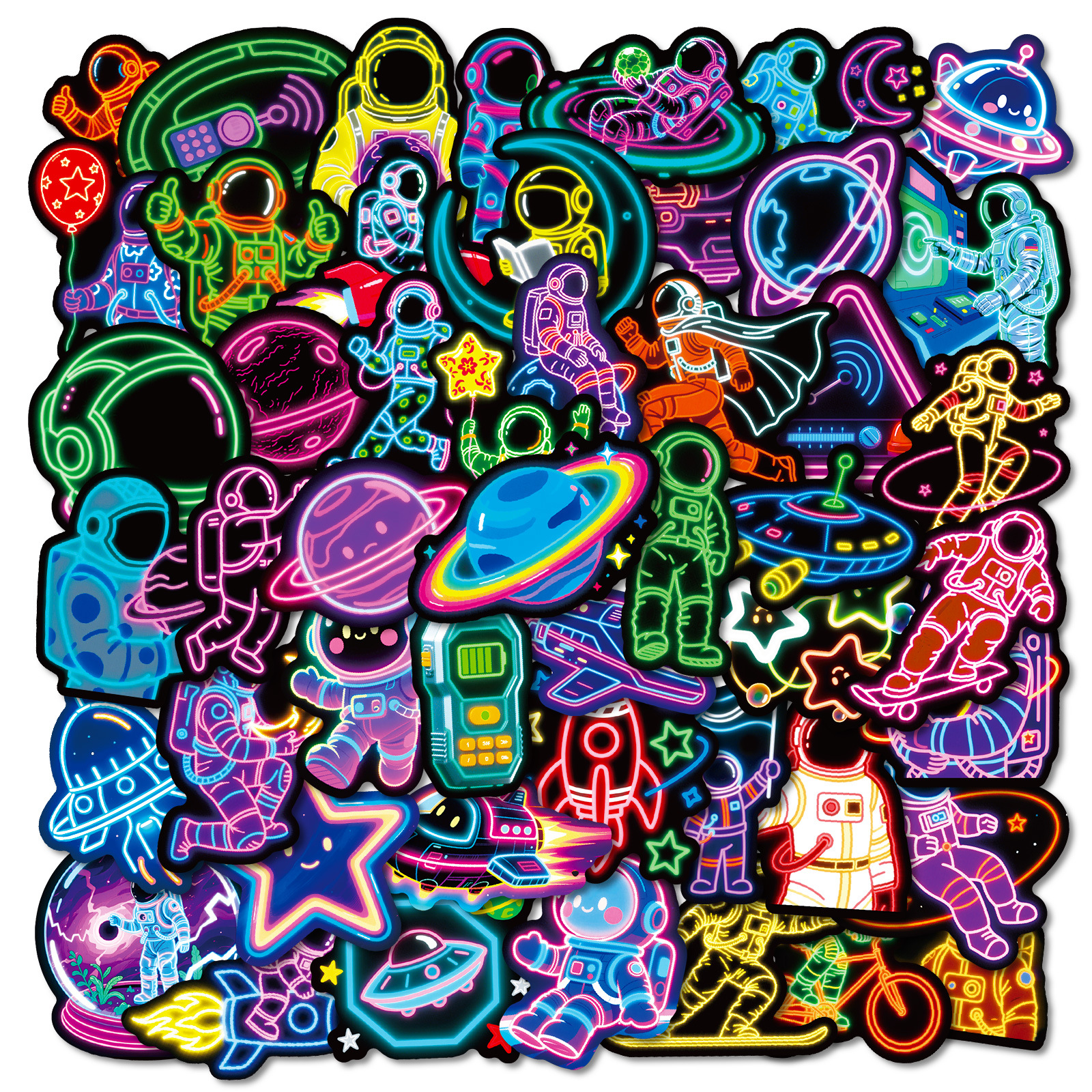56 Cross-Border New Neon Astronaut Graffiti Stickers Colorful Pp Waterproof Notebook Luggage Stickers Wholesale