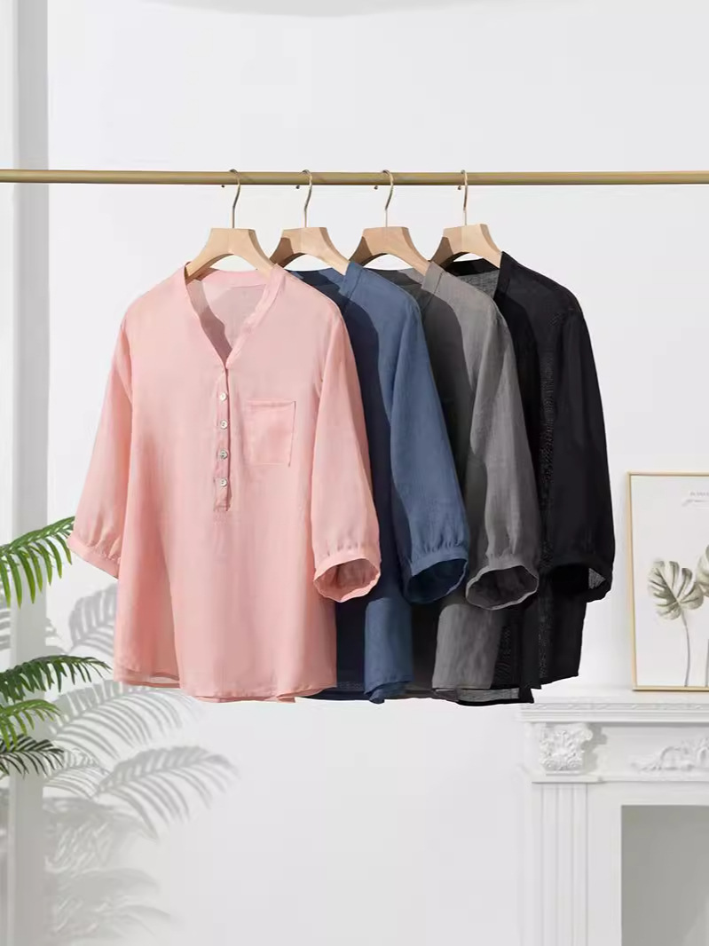 Summer New Ramie Shirt Women's Five-Point Sleeve Pullover Literary Retro Women's Niche Light Top Single Cardigan