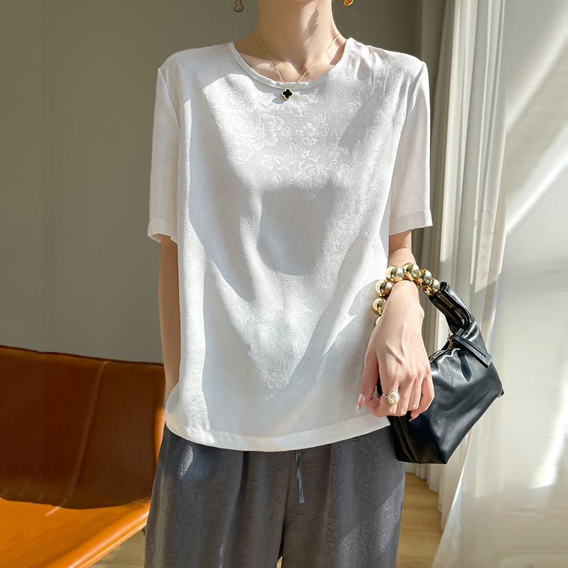 Spring/Summer 2024 New Chinese Style National Style Satin Round Neck Short-sleeved T-shirt Women's Simple All-match Jacquard T-shirt