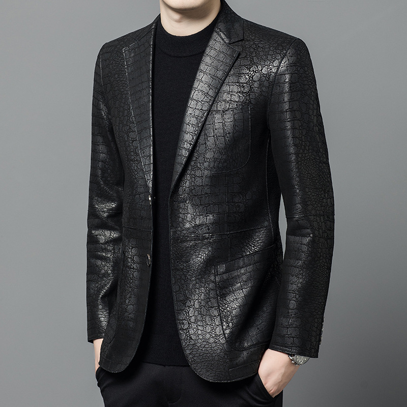Haining New Top Layer Oil Wax Genuine Leather Suit Collar Sheepskin Men's Leather Jacket Business High-end Men's Clothing