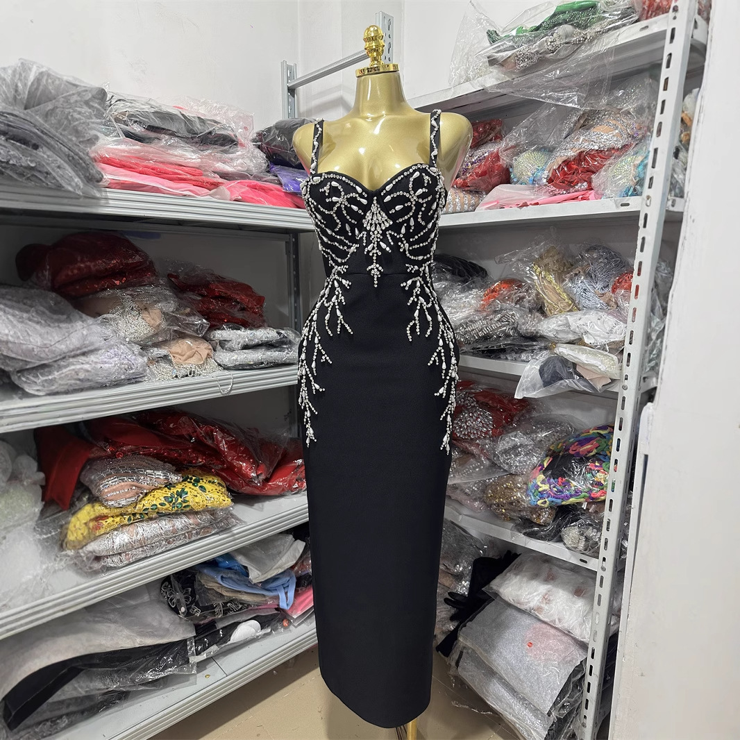 Elegant Temperament Sling dress Heavy-duty Seam Beads Slim-fit Elastic Bandage Skirt Mid-length Banquet Party Evening Dress