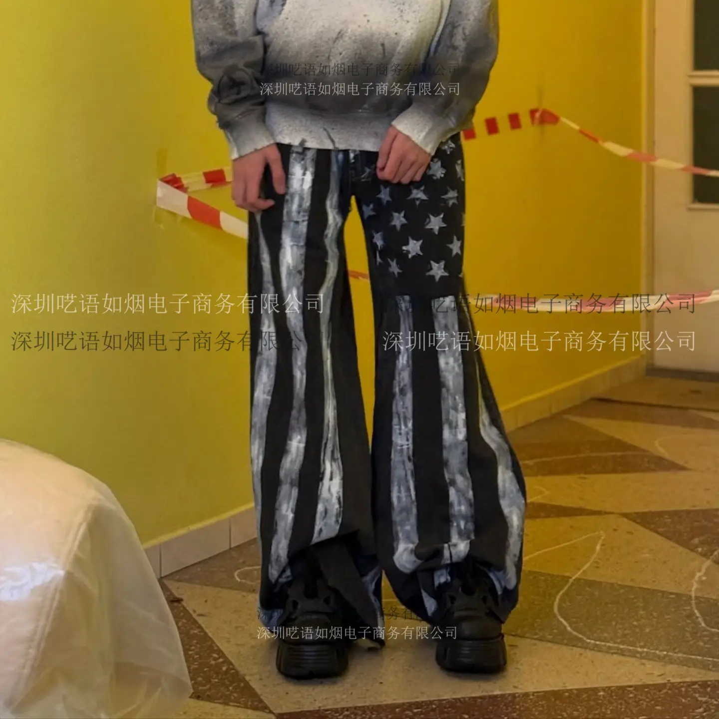 Cross-Border Straight-Leg Washed Denim Flag Print Jeans Loose High Street Casual Streetwear Cropped Pants Y2K