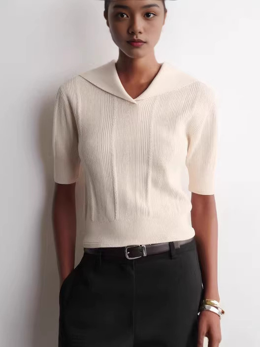 Factory Direct Sale American-Style Ivory White Sailor Collar Short-Sleeve Ribbed Knit Top 2026 Spring New Knit Short Shirt
