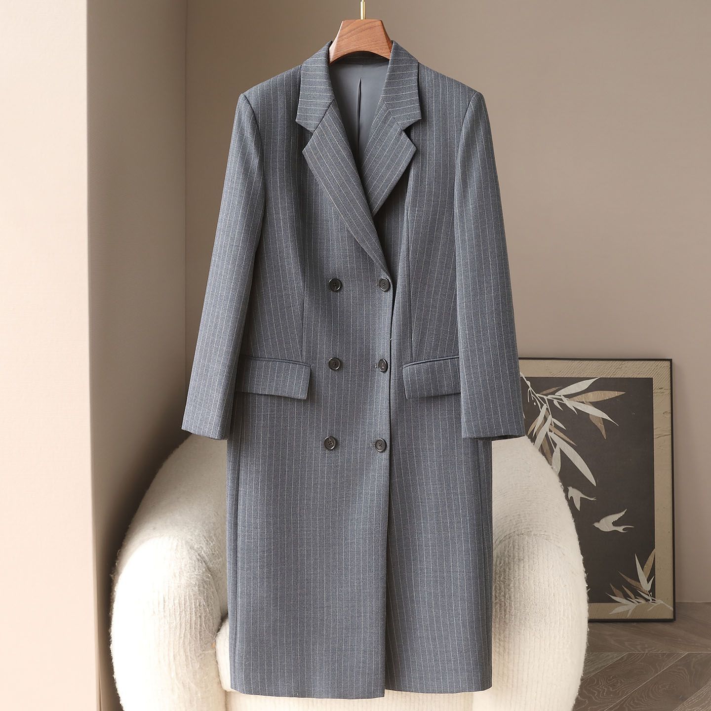 Small Batch Clothing 2026 Spring Season Vertical Striped Fine Wool Coat with a High-End Feel, Over-The-Knee Long Women's Casual Coat
