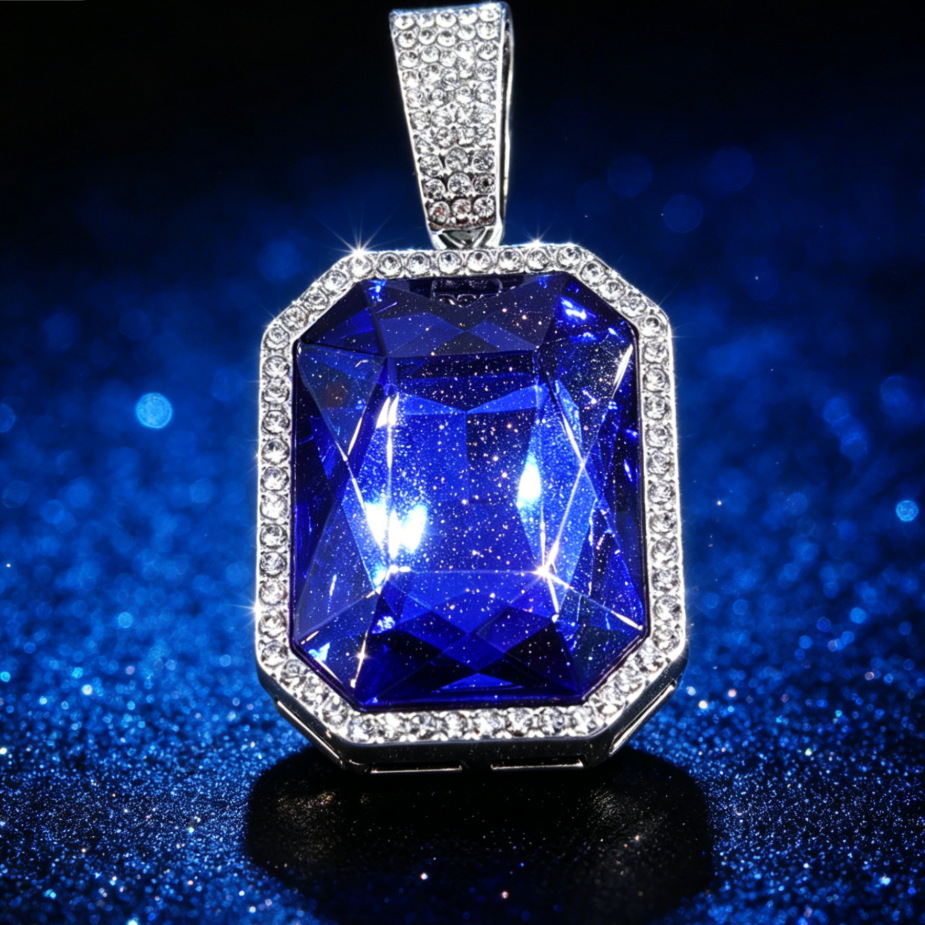 Jewelry Square Colored Gemstone Necklace Pendant Men's Hip-Hop Full Diamond Cuban Chain Unisex Design Long Necklace