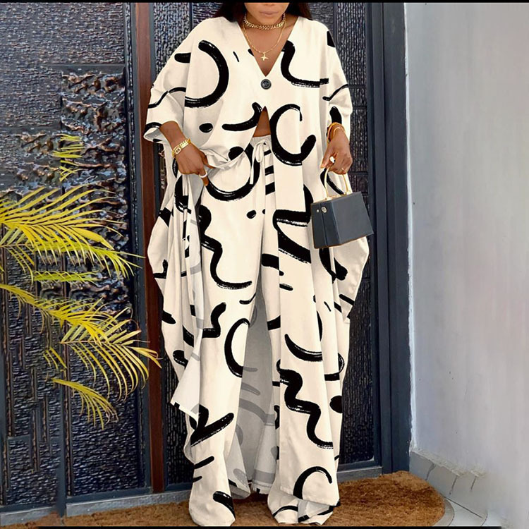 2023 European and American New Loose Size Two-Piece Suit V Neck Button Printed Three-Quarter Sleeve Top Drawstring Pants for Women