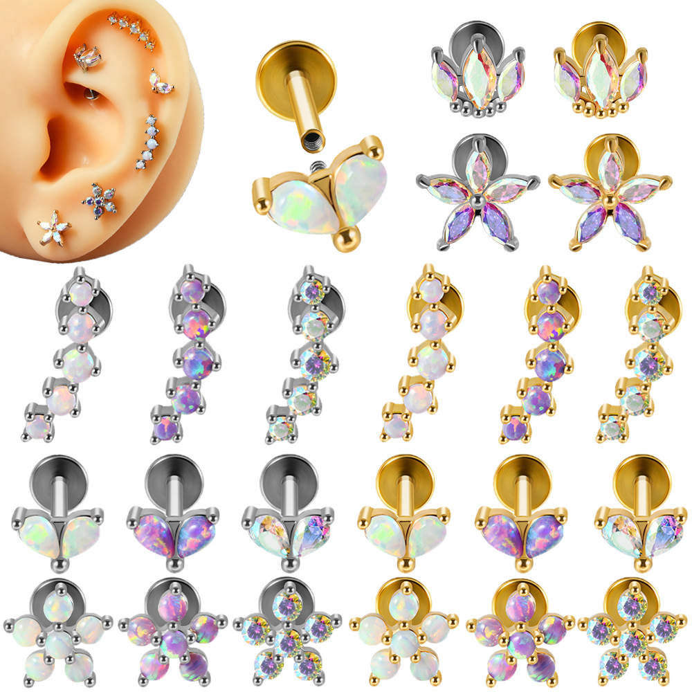 Cross-border stainless steel arc five Aobao lip nails water droplets horse eye zircon earrings internal thread ear cartilage earrings