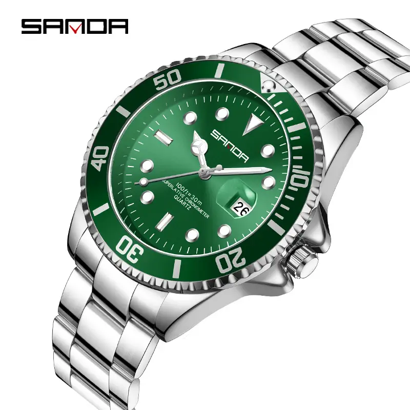 Sanda Green Water Ghost Foreign Trade Watch Shopee Steel Strap Wristwatch Luminous Waterproof Calendar Business Men's Quartz Watch