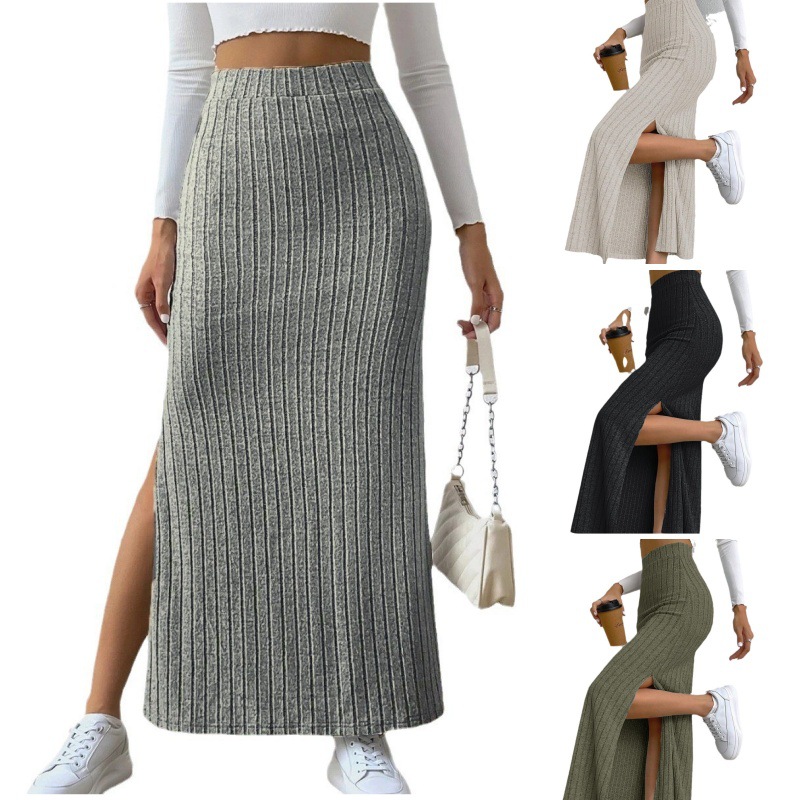 2024 Fashion European and American Cross-Border Amazon Spring and Summer New High-Waisted Side Slit Slim Knitted Skirt for Women