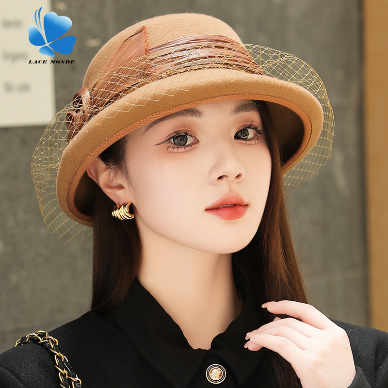 Topper hat women's autumn and winter silk linen wool French Hepburn style basin hat socialite style felt hat inner buckle lampshade hat wholesale