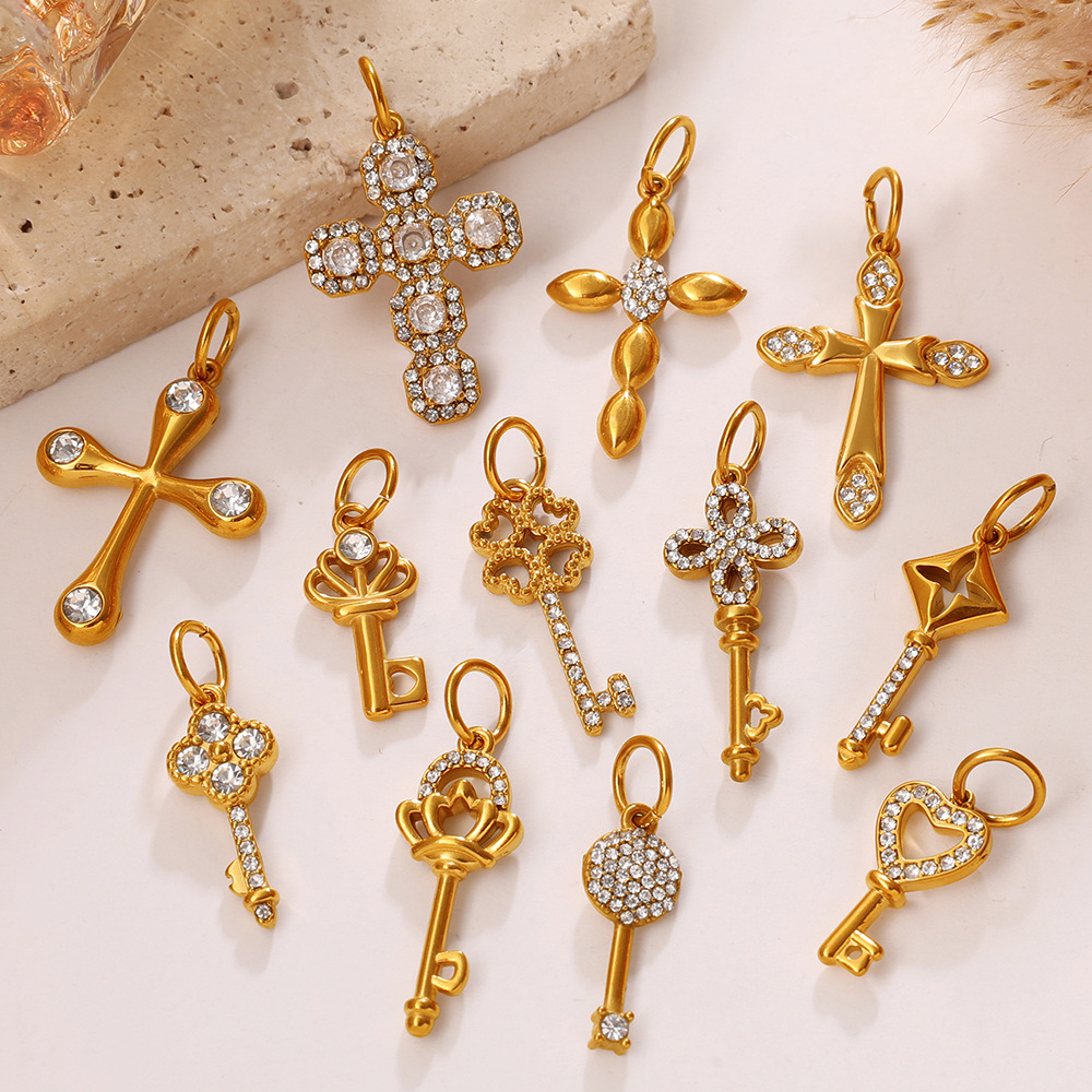 European and American Cross-Border Gold-Plated Diamond-Encrusted Key Cross Pendant, Various Styles of Personalized Pendants, DIY Jewelry Accessories