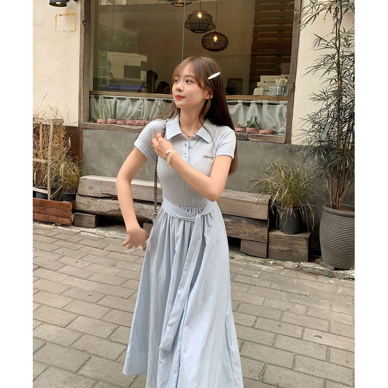 Blue Polo Collar Short-Sleeved Dress for Women 2026 Summer, Very Beautiful, Slimming, A-Line Waist-Cinching, Gentle Style Long Dress