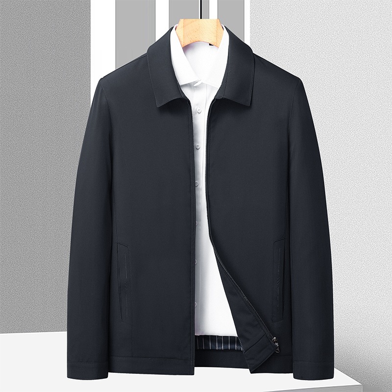Autumn New Men's Clothing, Solid Color Long-Sleeved Jacket with Lapels, Casual Zipper, Fleece-Lined, Durable and Washable Jacket Top