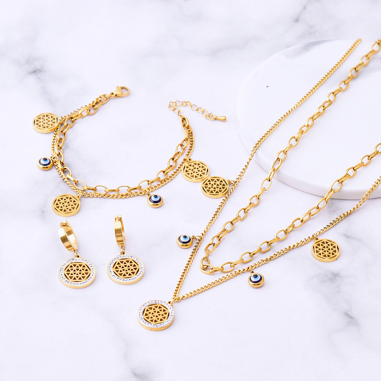 Fashion cross-border titanium steel clavicle chain diamond six-pointed star Round brand blue round bead eye pendant double-layer necklace bracelet
