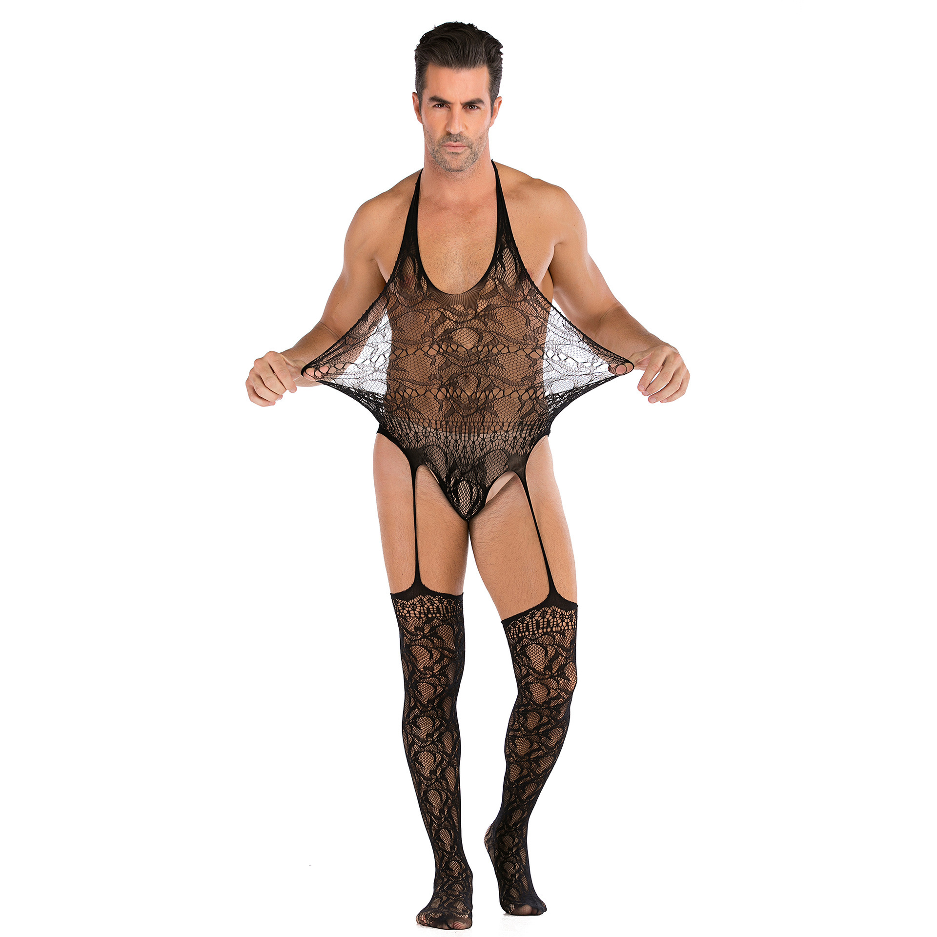 Cross-border Amazon factory direct men's sexy jacquard open file sexy neck mesh underwear