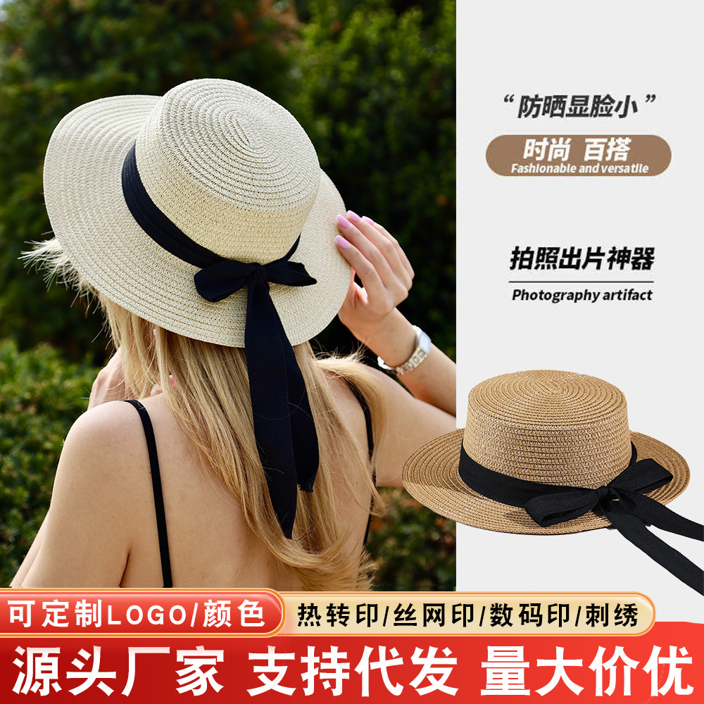 Summer New Style Bow-Knot Ribbon Flat-Top Hat, Fashionable and Versatile Sun Protection Bucket Hat for Beach Vacation