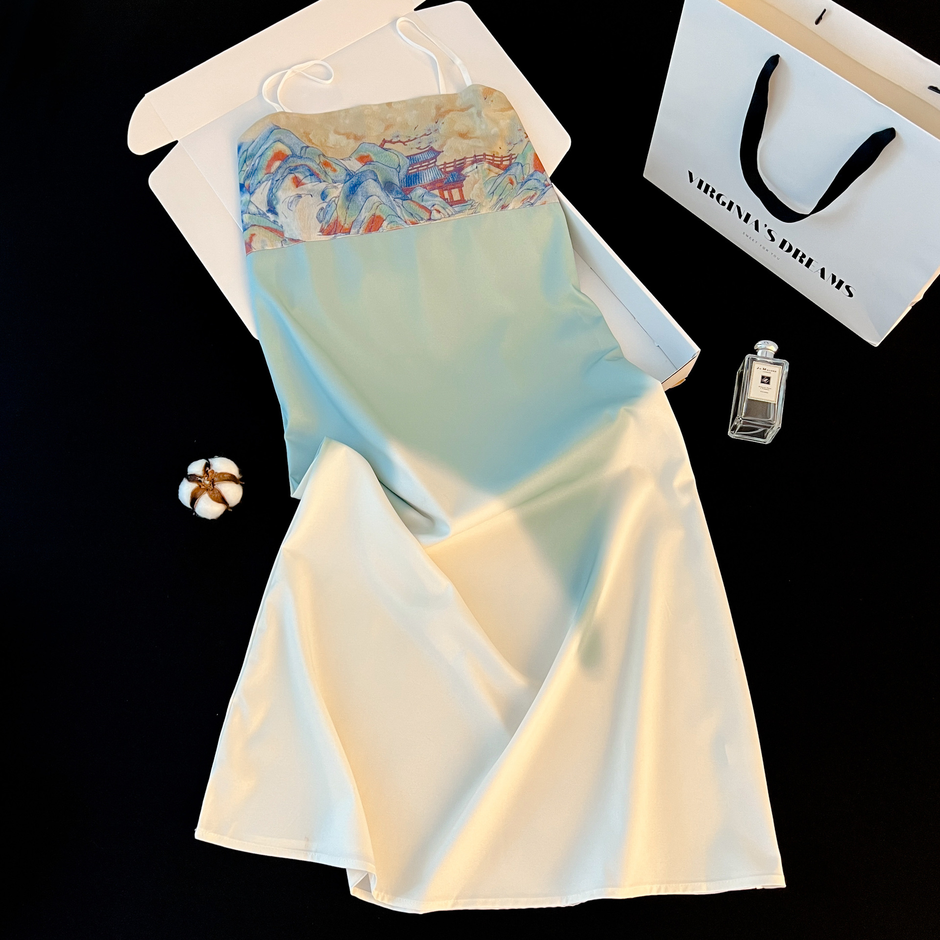 Chinese-Style National Style Suspender Nightgown, Retro Gradient Color Ice Silk Dress, Palace-Style Suspender Satin Silky Midi Dress with a Cool Feel