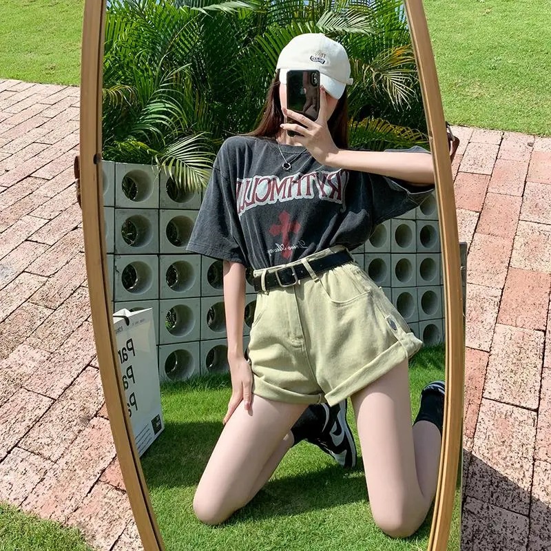 Factory Denim High Waist Curl New Fashion Loose Slim A- line Wide Leg Hot Pants Trendy Summer Casual Shorts Women