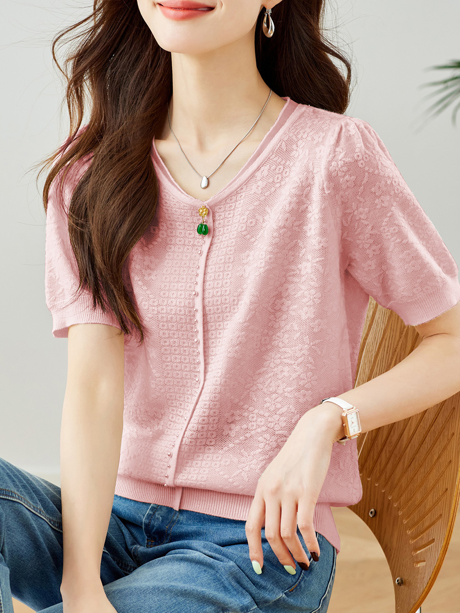 Cotton Jacquard Knit Sweater for Women, 2026 Summer New Short-Sleeve Breathable Casual Round-Neck Ice Silk Thin Breathable Top