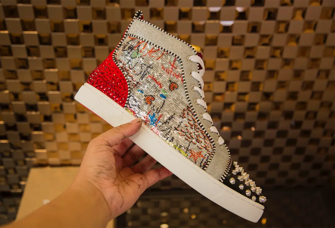 New 2022 Genuine Leather Cl Men's Shoes, Flat Shoes, High-Top Rhinestone Red-Soled Shoes, Casual Women's Shoes, Embroidered Sequin Shoes