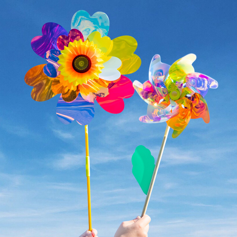 Sunflower Colorful Windmill Colorful Pearlescent Double Wooden Rod Windmill Outdoor Decoration Scenic Spot Stall Windmill Toys