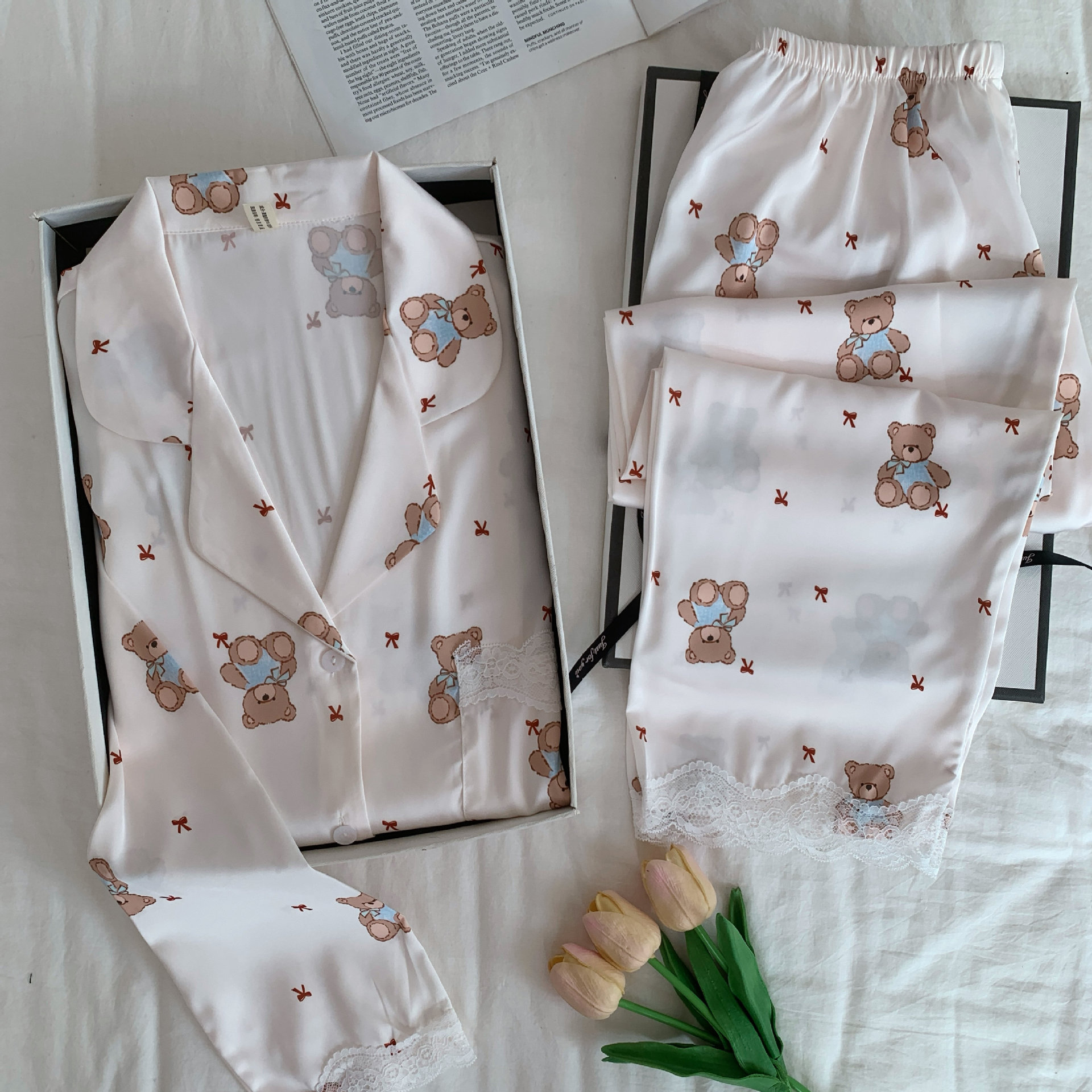 [Gummy Bear] Autumn New Long Sleeve Pants Pajamas Cartoon Bear Home Clothes Cute Girl Ice Silk