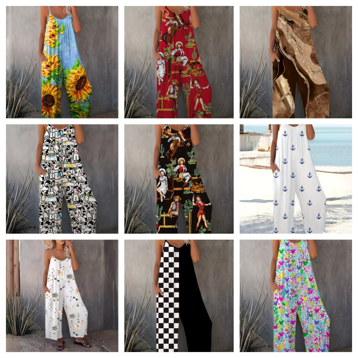 2024 Amazon Cross-border Women's Independent Station Spring and Summer Bohemian Style Printed Pleated Suspender Pants