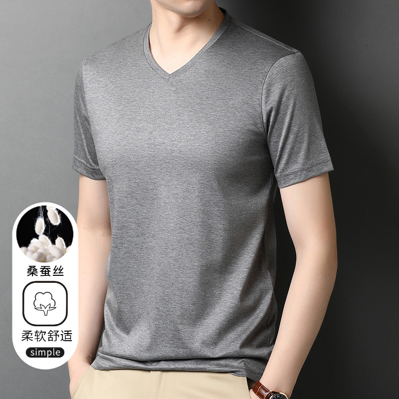Mulberry Silk Short-sleeved T-shirt Men's V-neck Solid Color 2024 Summer New Casual All-match Ice Silk Young and Middle-aged Top Trendy