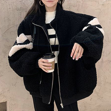 2025 Casual Loose Patchwork Zipper Jacket with Stylish Design, Thickened Lamb Wool for Warmth, Stand Collar Jacket, Unisex