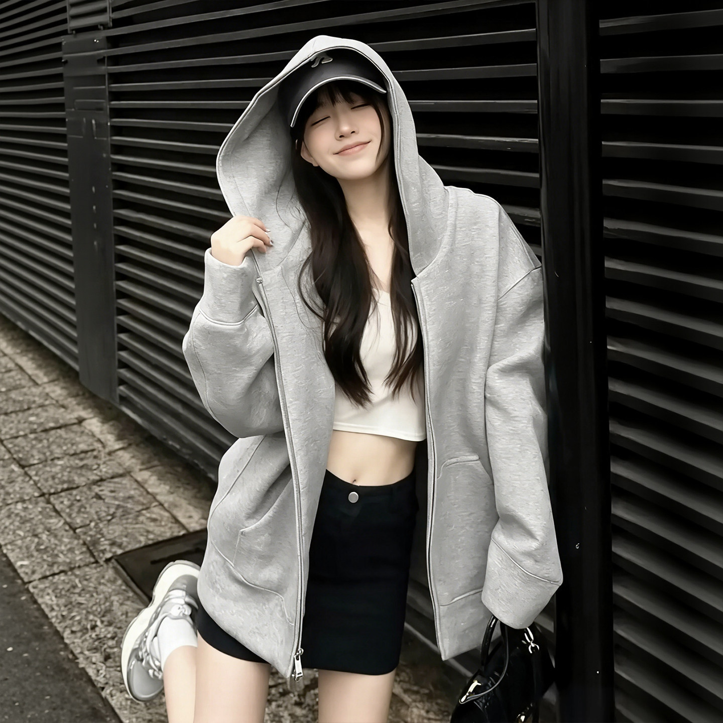 Gray Thin Top for Women, Korean Style Early Spring Chic Cardigan, Loose and Lazy Style Hooded Sweatshirt Jacket