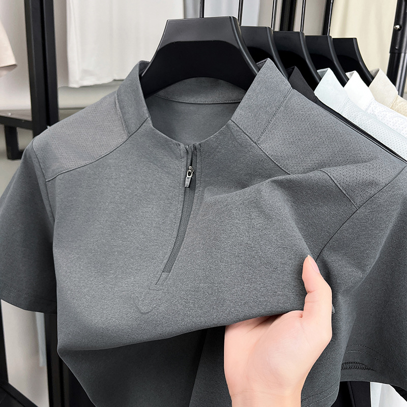 Summer New Style Men's Stand-Up Collar Zipper Short-Sleeved T-Shirt Men's Breathable Quick-Drying Casual Elastic Sports Half-Sleeved Top