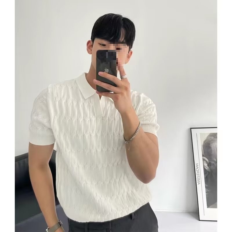 Summer Men's Knitted Short-Sleeved Polo Shirt Korean Style Slim Solid Color Ice Silk Lapel T-Shirt Cross-Border Export Wholesale